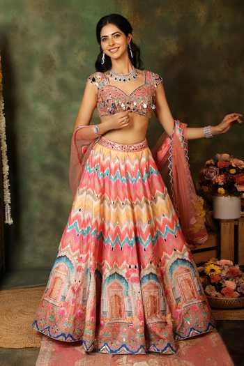 Buy_Archana Kochhar_Multi Color Silk, Net Sequins, Pearls, Mirrors, Gota Sheesh Print Lehenga Set _at_Aza_Fashions