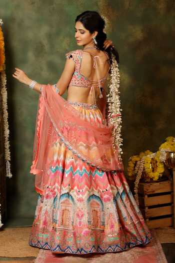 Shop_Archana Kochhar_Multi Color Silk, Net Sequins, Pearls, Mirrors, Gota Sheesh Print Lehenga Set _at_Aza_Fashions