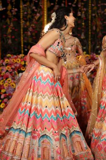Shop_Archana Kochhar_Multi Color Silk, Net Sequins, Pearls, Mirrors, Gota Sheesh Print Lehenga Set _Online_at_Aza_Fashions