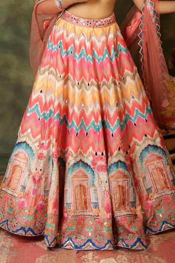 Archana Kochhar_Multi Color Silk, Net Sequins, Pearls, Mirrors, Gota Sheesh Print Lehenga Set _at_Aza_Fashions