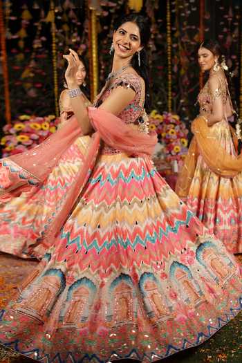 Buy_Archana Kochhar_Multi Color Silk, Net Sequins, Pearls, Mirrors, Gota Sheesh Print Lehenga Set 