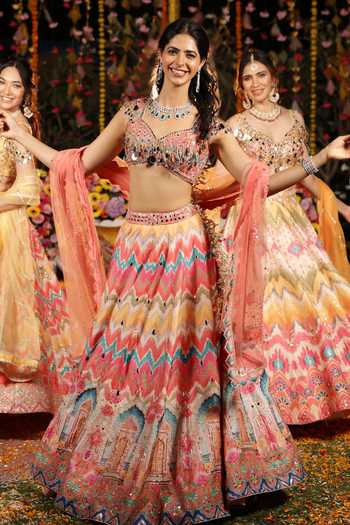 Shop_Archana Kochhar_Multi Color Silk, Net Sequins, Pearls, Mirrors, Gota Sheesh Print Lehenga Set 