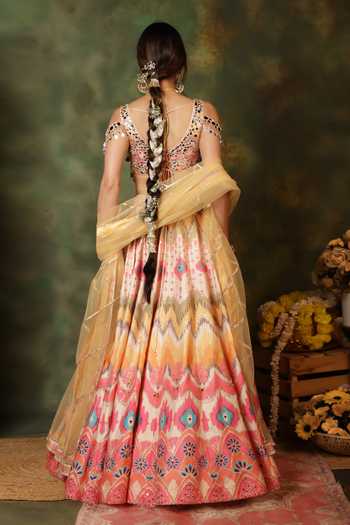 Shop_Archana Kochhar_Multi Color Silk, Net Mirrors, Zari, Sheesh Colourburst Print Lehenga Set _at_Aza_Fashions