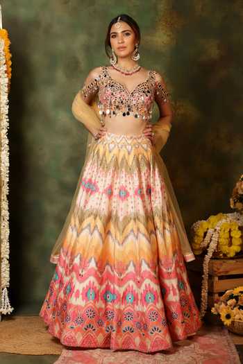 Buy_Archana Kochhar_Multi Color Silk, Net Mirrors, Zari, Sheesh Colourburst Print Lehenga Set _at_Aza_Fashions