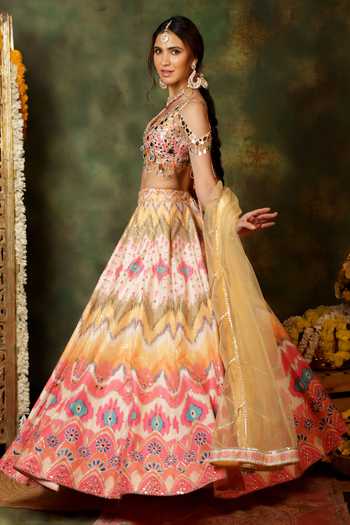 Buy_Archana Kochhar_Multi Color Silk, Net Mirrors, Zari, Sheesh Colourburst Print Lehenga Set _Online_at_Aza_Fashions