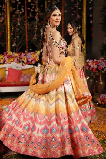 Archana Kochhar_Multi Color Silk, Net Mirrors, Zari, Sheesh Colourburst Print Lehenga Set _at_Aza_Fashions