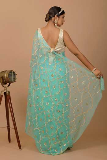 Shop_Geroo Jaipur_Green Chiffon Zari, Gota Patti Round Neck Jaal Pre-draped Saree And Blouse Set _at_Aza_Fashions