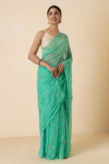 Shop_Geroo Jaipur_Green Chiffon Embroidery Scoop Neck Aari Pre-draped Saree Set _Online_at_Aza_Fashions