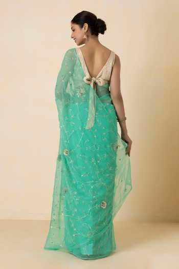 Shop_Geroo Jaipur_Green Chiffon Embroidery Scoop Neck Aari Pre-draped Saree Set _at_Aza_Fashions