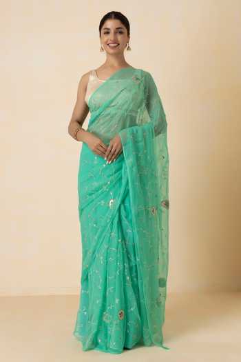 Buy_Geroo Jaipur_Green Chiffon Embroidery Scoop Neck Aari Pre-draped Saree Set _at_Aza_Fashions