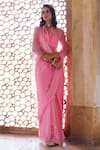 Geroo Jaipur_Pink Chiffon Embroidery, Sequins One Shoulder Motif Pre-draped Saree Set _Online_at_Aza_Fashions
