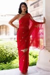 Buy_Geroo Jaipur_Red Chiffon Embroidery One Shoulder Pre-draped Saree Set _at_Aza_Fashions