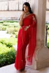 Geroo Jaipur_Red Chiffon Embroidery One Shoulder Pre-draped Saree Set _at_Aza_Fashions