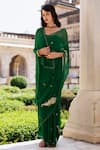 Geroo Jaipur_Green Chiffon Embroidery, Zari Off-shoulder Hand Pre-draped Saree Set _Online_at_Aza_Fashions