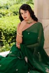 Geroo Jaipur_Green Chiffon Embroidery, Zari Off-shoulder Hand Pre-draped Saree Set _at_Aza_Fashions