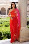 Buy_Geroo Jaipur_Pink Chiffon Embroidery, Zari V-neck Ombre Shaded Pre-draped Saree Set _at_Aza_Fashions