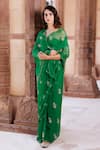 Geroo Jaipur_Green Chiffon Sequins, Stones Square Neck Hand Embroidered Pre-draped Saree Set _Online_at_Aza_Fashions
