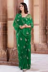 Buy_Geroo Jaipur_Green Chiffon Sequins, Stones Square Neck Hand Embroidered Pre-draped Saree Set _at_Aza_Fashions