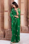 Geroo Jaipur_Green Chiffon Sequins, Stones Square Neck Hand Embroidered Pre-draped Saree Set _at_Aza_Fashions