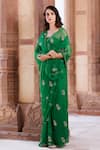 Buy_Geroo Jaipur_Green Chiffon Sequins, Stones Square Neck Hand Embroidered Pre-draped Saree Set 