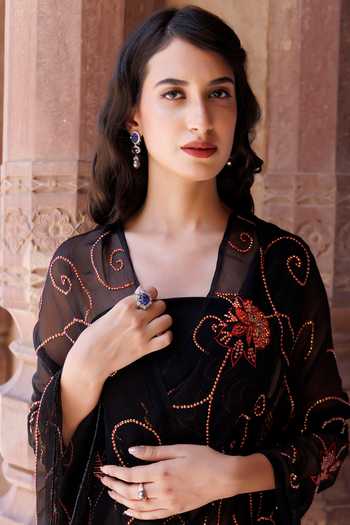 Geroo Jaipur_Black Chiffon Sequins One Shoulder Jaal Embroidered Pre-draped Saree Set _Online_at_Aza_Fashions