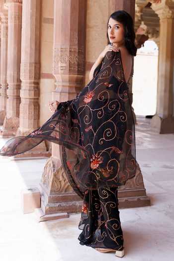 Shop_Geroo Jaipur_Black Chiffon Sequins One Shoulder Jaal Embroidered Pre-draped Saree Set _at_Aza_Fashions