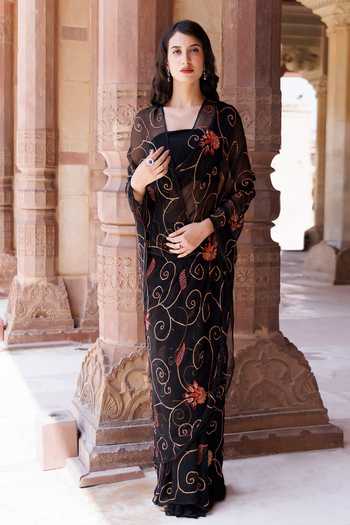 Shop_Geroo Jaipur_Black Chiffon Sequins One Shoulder Jaal Embroidered Pre-draped Saree Set _Online_at_Aza_Fashions