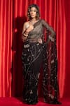 Buy_Geroo Jaipur_Black Chiffon Zari Halter Neck Tubelight Jaal Work Pre-draped Saree Set _at_Aza_Fashions