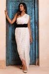 Buy_Geroo Jaipur_White Chiffon Gota Patti One Shoulder Jaal Pre-draped Saree Set _Online_at_Aza_Fashions