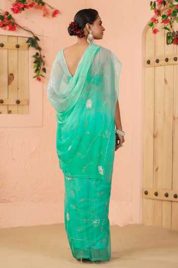 Shop_Geroo Jaipur_Green Chiffon Sequins One Shoulder Ombre Embroidered Pre-draped Saree Set _at_Aza_Fashions