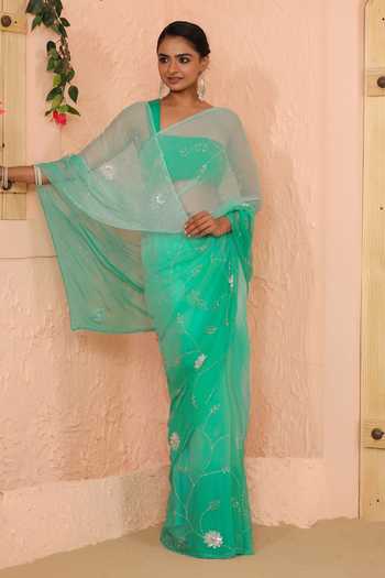 Geroo Jaipur_Green Chiffon Sequins One Shoulder Ombre Embroidered Pre-draped Saree Set _at_Aza_Fashions