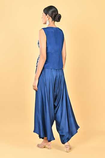 Shop_KEITH GOMES_Navy Satin, Organza Embroidery, Sequins, Zari Hand Peplum Top And Dhoti Pant Set _at_Aza_Fashions