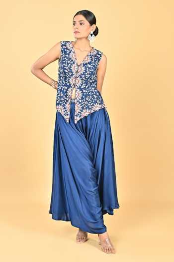 Buy_KEITH GOMES_Navy Satin, Organza Embroidery, Sequins, Zari Hand Peplum Top And Dhoti Pant Set _at_Aza_Fashions