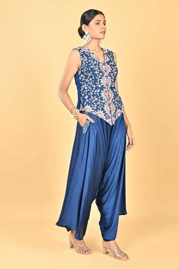 KEITH GOMES_Navy Satin, Organza Embroidery, Sequins, Zari Hand Peplum Top And Dhoti Pant Set _Online_at_Aza_Fashions