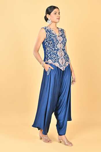 Buy_KEITH GOMES_Navy Satin, Organza Embroidery, Sequins, Zari Hand Peplum Top And Dhoti Pant Set _Online_at_Aza_Fashions