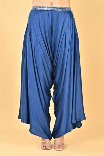 Shop_KEITH GOMES_Navy Satin, Organza Embroidery, Sequins, Zari Hand Peplum Top And Dhoti Pant Set _Online_at_Aza_Fashions