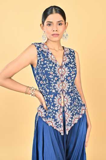 KEITH GOMES_Navy Satin, Organza Embroidery, Sequins, Zari Hand Peplum Top And Dhoti Pant Set _at_Aza_Fashions