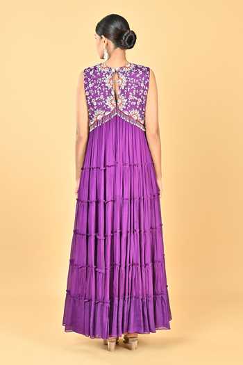 Shop_KEITH GOMES_Purple Chiffon, Crepe, Net Embroidery, Sequins, Floral Anarkali With Dupatta _at_Aza_Fashions