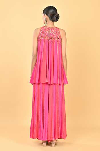 Shop_KEITH GOMES_Pink Crepe, Chiffon Beads, Cut Work Stripe Pattern Short Anarkali With Palazzo _at_Aza_Fashions
