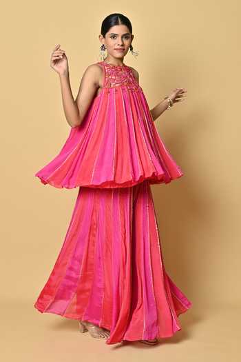 KEITH GOMES_Pink Crepe, Chiffon Beads, Cut Work Stripe Pattern Short Anarkali With Palazzo _Online_at_Aza_Fashions