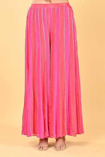 Buy_KEITH GOMES_Pink Crepe, Chiffon Beads, Cut Work Stripe Pattern Short Anarkali With Palazzo _Online_at_Aza_Fashions