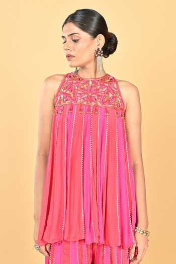 Shop_KEITH GOMES_Pink Crepe, Chiffon Beads, Cut Work Stripe Pattern Short Anarkali With Palazzo _Online_at_Aza_Fashions