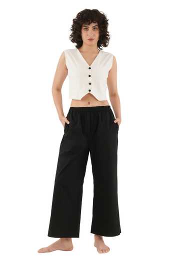Khat_Off White , , Linen, V-neck Buttoned Top And Pant Set _Online_at_Aza_Fashions