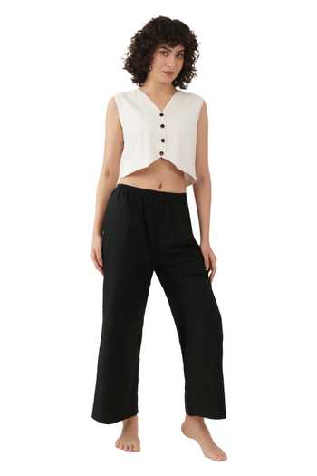 Buy_Khat_Off White , , Linen, V-neck Buttoned Top And Pant Set _at_Aza_Fashions