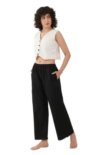 Khat_Off White , , Linen, V-neck Buttoned Top And Pant Set _at_Aza_Fashions