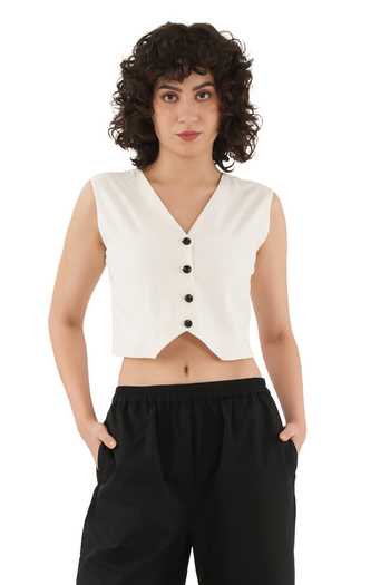 Shop_Khat_Off White , , Linen, V-neck Buttoned Top And Pant Set 