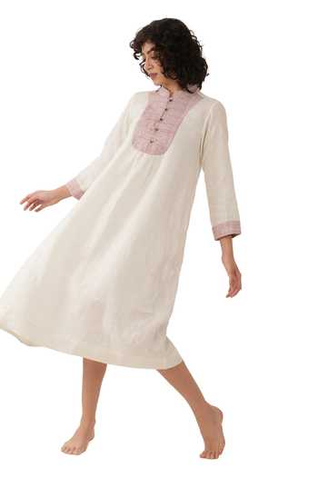 Khat_Off White Linen Embroidery Mandarin Collar Midi Dress _Online_at_Aza_Fashions