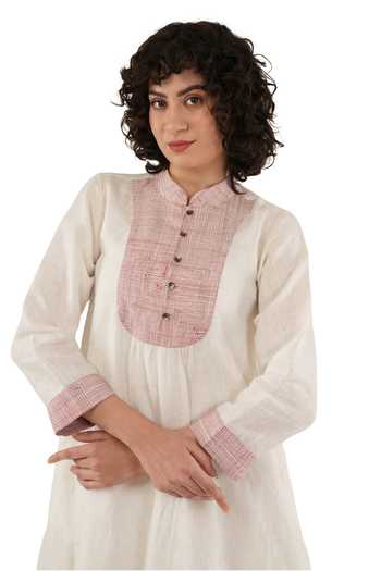Buy_Khat_Off White Linen Embroidery Mandarin Collar Midi Dress _Online_at_Aza_Fashions