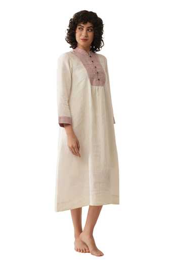 Shop_Khat_Off White Linen Embroidery Mandarin Collar Midi Dress _Online_at_Aza_Fashions