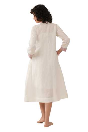 Shop_Khat_Off White Linen Embroidery Mandarin Collar Midi Dress _at_Aza_Fashions